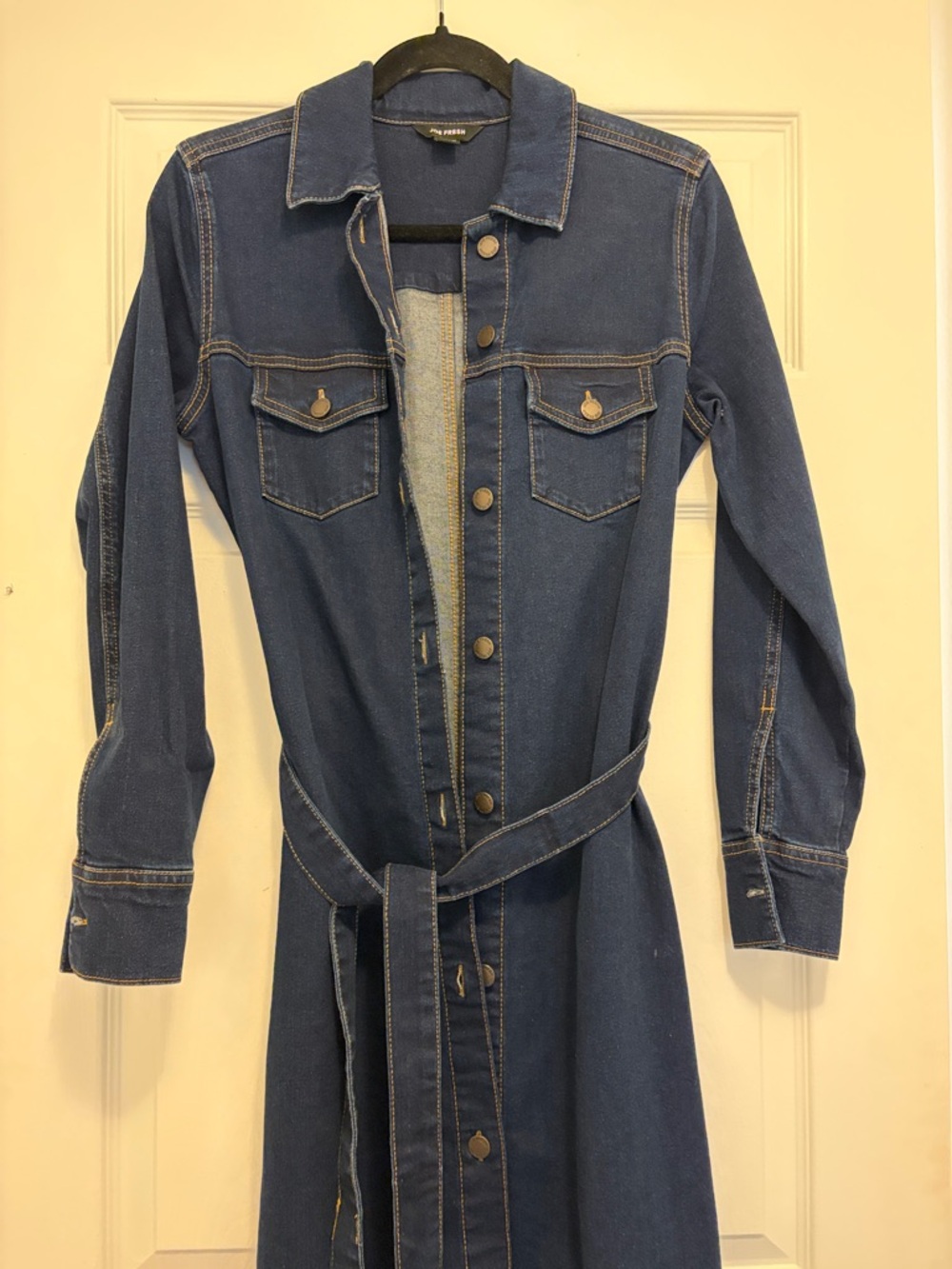 Dark Indigo Denim Button-Front Shirt Dress with Waist Tie - Picture 2 of 2